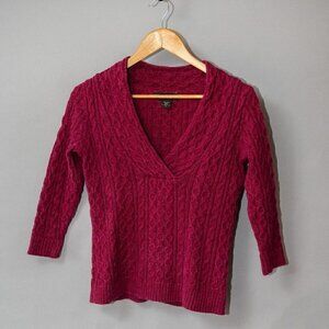 Eddie Bauer  Cotton cable knit chunky V-neck sweater | Beet red/pink | XS